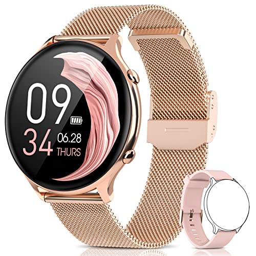 BANLVS Smartwatch Damen, 1,28 Zoll Fitness Tracker Armbanduhr Pulsuhr Schlafmonitor Blutsauerstoff, Sportuhr IP68 Wasserdicht Schrittzähler Uhr mit 24 Sportmodi Smart Watch für Android IOS Handy Gold - 1