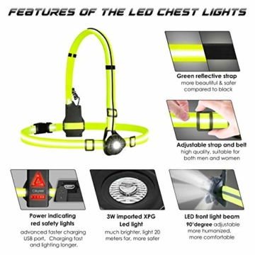 Cikyner Lauflicht, Verbessertes LED BrustLampe USB Wiederaufladbare wasserdichte Lauflampe für Läufer, 90° Verstellbarer Strahl mit Zwei Reflektierenden Armbändern für Nachtlauf, Joggen, Wandern - 3