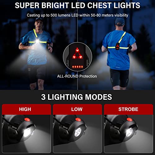 Lauflicht mit Reflektoren, LED Lauflampe Joggen, 500 Lumen 90° Verstellbares LED Brustlicht, USB Wiederaufladbare Wasserdicht Brustlicht Running Light Jogging Licht für Laufen, Joggen, Angeln, Campen - 2