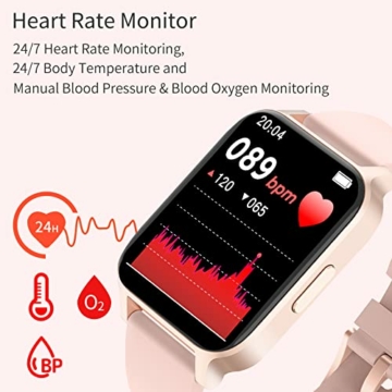 Smartwatch Damen Herren Fitnessuhr 1.69zoll Smart Watch IP68 Wasserdicht Fitness Tracker Uhr mit Schrittzähler Temperatur Pulsuhr, Sportuhr 24 Sportmodi Schlafmonitor für Android iOS (Rosa) - 3