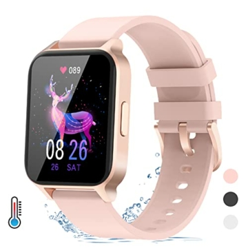 Smartwatch Damen Herren Fitnessuhr 1.69zoll Smart Watch IP68 Wasserdicht Fitness Tracker Uhr mit Schrittzähler Temperatur Pulsuhr, Sportuhr 24 Sportmodi Schlafmonitor für Android iOS (Rosa) - 1
