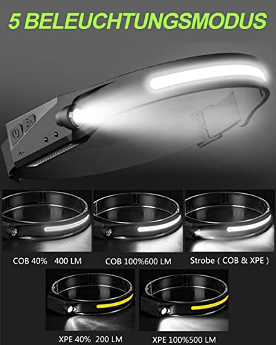 Stirnlampe LED Wiederaufladbar USB, Superheller 600 Lumen Kopflampe Stirnlampe, 230° Sensor Stirnlampe 5 Lichtmodi Leichte IPX4 Wasserdichte Stirnlampen, Perfekt Headlight für Joggen, Angeln, Laufen - 4