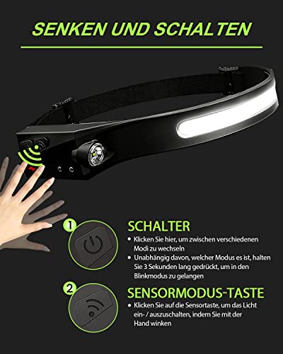 Stirnlampe LED Wiederaufladbar USB, Superheller 600 Lumen Kopflampe Stirnlampe, 230° Sensor Stirnlampe 5 Lichtmodi Leichte IPX4 Wasserdichte Stirnlampen, Perfekt Headlight für Joggen, Angeln, Laufen - 6