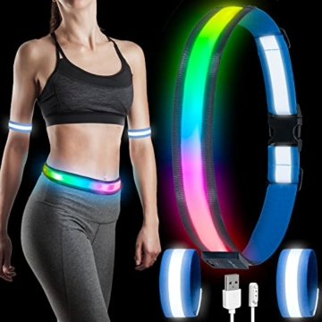 Cikyner 6 Farbiger LED Reflexionsgürtel, USB-aufladbare Lauflichter für Läufer hoher Sichtbarkeit Lauflichter mit Zwei reflektierenden Armbändern, ideal für Nachtlauf, Radfahren, Wandern, Joggen - 1