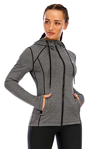 HMILES Damen Laufjacke Sport-Kapuzenjacke mit durchgehendem Reißverschluss Langarm-Trainingsjacke mit Reißverschlusstasche Schwarze Melange L - 1