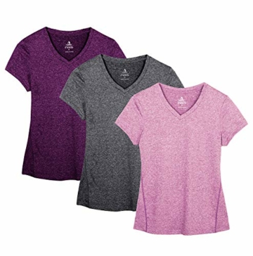 icyzone Damen Sport Fitness T-Shirt Kurzarm V-Ausschnitt Laufshirt Shortsleeve Yoga Top 3er Pack (XL, Charcoal/Red Bud/Pink) - 1