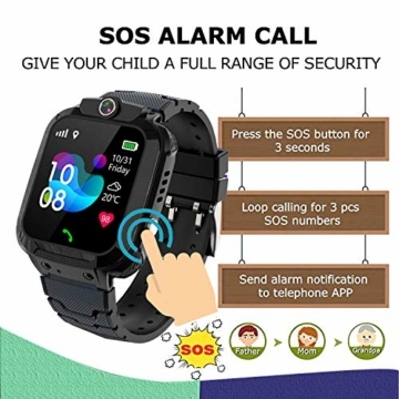 Kinder GPS Intelligente Uhr Wasserdicht, Smartwatch GPS Tracker mit Kinder SOS Handy Touchscreen Spiel Kamera Voice Chat Wecker für Jungen Mädchen Student Geschenk (S12 GPS Schwarz) - 6