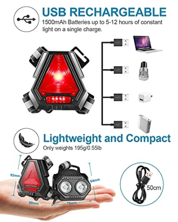 Lauflicht ECOWHO LED Lauflampe Joggen, USB Wiederaufladbare Lauflampe Sport, Wasserdicht Brustlampe, Einstellbarer Abstrahlwinkel Jogging Licht, Lampe zum Laufen für Joggen Nacht Angeln Campen Wandern - 4