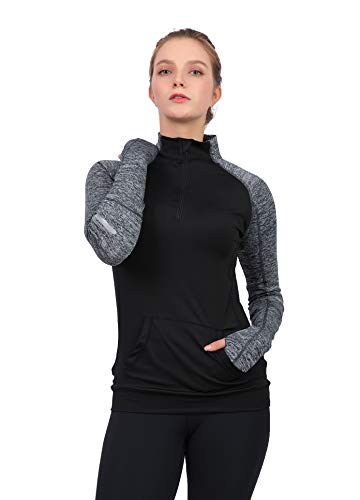 Westkun Damen 1/2 Reißverschluss Laufshirt Langarm Sportshirt Shnelltrocknendes Funktionsshirt Workout Gym Yoga Fitness Sportoberteile Laufjacke(Schwarz-B,L) - 1
