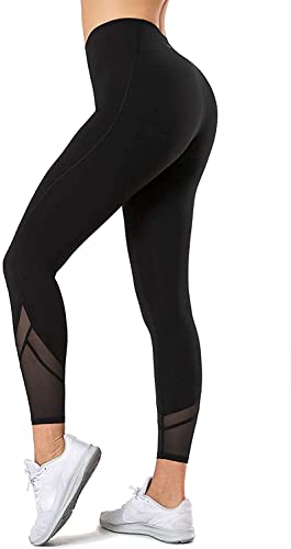 Yvette Damen Leggings Sporthose mit Mesh Hohe Taille Blickdicht Laufhose Fitness Yoga Hosen Streetwear,Schwarz,M - 1