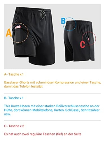 HOPLYNN Herren 2 in 1 Shorts Sommer Schnelltrocknende Laufshorts mit Taschen Sport Kurze Hosen Fitness Laufhose Schwarz L - 5
