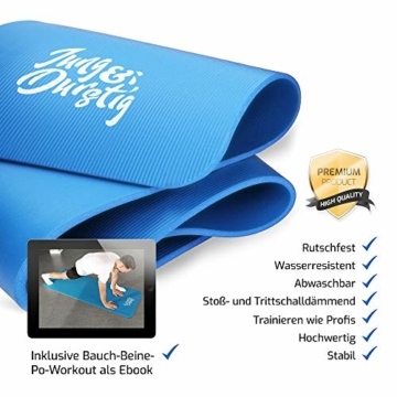 Jung & Durstig Original Yogamatte mit Tragegurt | Gymnastikmatte inklusive Übungen | Sportmatte mit Ebook Workout | Fitnessmatte rutschfest | 180 x 60 x 1 cm | Blau - 2