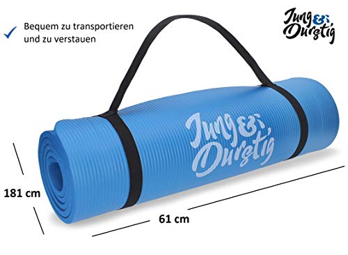 Jung & Durstig Original Yogamatte mit Tragegurt | Gymnastikmatte inklusive Übungen | Sportmatte mit Ebook Workout | Fitnessmatte rutschfest | 180 x 60 x 1 cm | Blau - 3