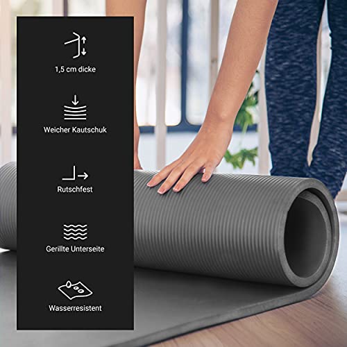 MSPORTS Gymnastikmatte Premium inkl. Tragegurt + Übungsposter + Workout App I Hautfreundliche Fitnessmatte 190 x 60 x 1,5 cm - Anthrazit - Phthalatfreie Yogamatte - 5