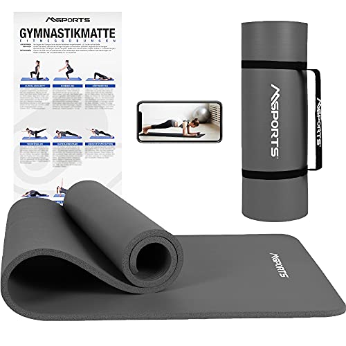 MSPORTS Gymnastikmatte Premium inkl. Tragegurt + Übungsposter + Workout App I Hautfreundliche Fitnessmatte 190 x 60 x 1,5 cm - Anthrazit - Phthalatfreie Yogamatte - 1