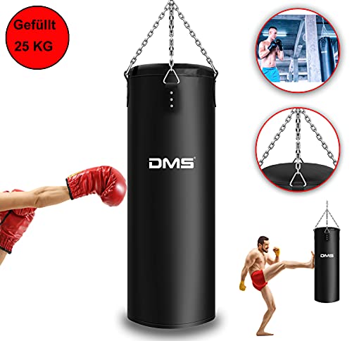 DMS® Boxsack gefüllt 25 kg 105cm mit Halterung Sandsack Stahlkette Box Sack für Kampfsportarten Kickboxen Boxtraining Jugendlichen und Erwachsenen 105 x 28cm Schwarz 4-Punkt-Kettenaufhängung BOS-25 - 2