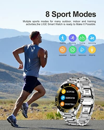 LIGE Herren Smart Watch, IP67 wasserdichte Fitness Tracker Uhren mit Herzfrequenz Blutsauerstoff Blutdruck Überwachun Voll Touchscreen Outdoor Smartwatch Edelstahlband - 3