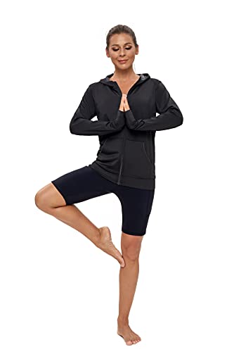AMZSPORT Damen Laufjacke Sportjacke Langarm Trainingsjacke Sweatjacke mit Tasche Für Fitness Yoga Sport, Schwarz M - 5