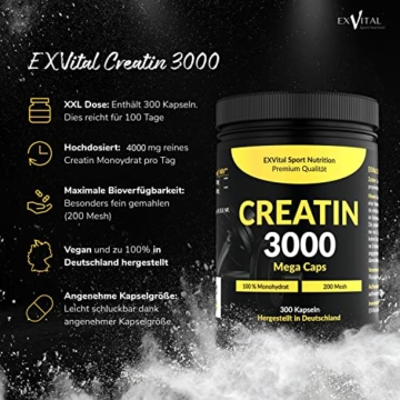 Creatin 3000 Mega Caps, workout booster, 4000 mg Creatin Monohydrat pro Tagesdosis, 300 vegane Kapseln, 100% rein mit Mesh Faktor 200- Halal & Vegan - 2
