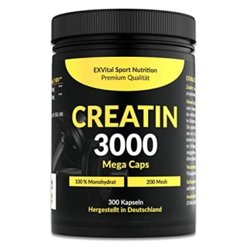 Creatin 3000 Mega Caps, workout booster, 4000 mg Creatin Monohydrat pro Tagesdosis, 300 vegane Kapseln, 100% rein mit Mesh Faktor 200- Halal & Vegan - 1
