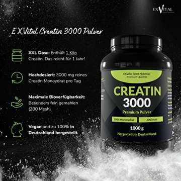 Creatin 3000 Premium - 1kg / 1.000g Pulver, Workout Booster, 3000 mg Creatin Monohydrat pro Tagesdosis, 100% rein mit Mesh Faktor 200, Halal & Vegan - 2