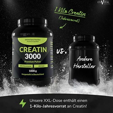 Creatin 3000 Premium - 1kg / 1.000g Pulver, Workout Booster, 3000 mg Creatin Monohydrat pro Tagesdosis, 100% rein mit Mesh Faktor 200, Halal & Vegan - 3