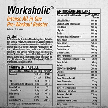 Engel Nutrition WORKAHOLIC Pre-Workout Booster | All-in-One Trainingsbooster für Leistung, Pump + Focus | Made in Germany - 410g (Sour Apple) - 4