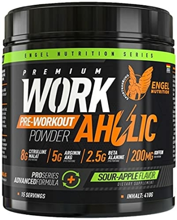 Engel Nutrition WORKAHOLIC Pre-Workout Booster | All-in-One Trainingsbooster für Leistung, Pump + Focus | Made in Germany - 410g (Sour Apple) - 1