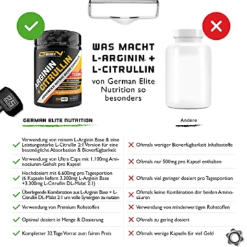 L-Arginin + L-Citrullin - 320 Kapseln - 1100 mg pro Kapsel - Citrullin + Arginin Base im 1:1 Verhältnis - Premium Aminosäuren - Laborgeprüfte Qualität - German Elite Nutrition - 3