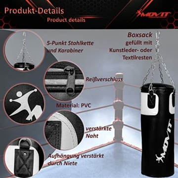 Movit® Boxsack-Set 25 kg, gefüllt, inkl. Boxsack (Höhe 80cm x Durchmesser 30cm), 12 oz Boxhandschuhe, Boxbandagen, für Erwachsene, Boxing Boxen, weiß - 5