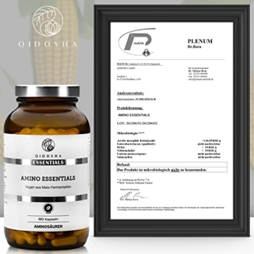 QIDOSHA® Master Aminosäuren Komplex Kapseln, Rezeptur nach Dr. Moretti, 180 Stk/Glas, mit 99% Netto-Stickstoffverwertung (NNU), 8 essenzielle Aminosäuren plus Vitamin B6 als Co-Faktor, 100% vegan - 6
