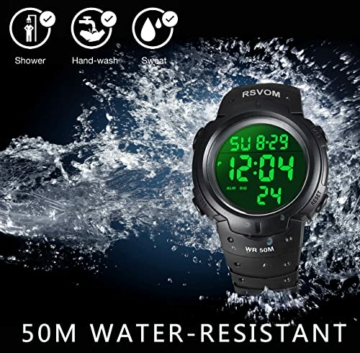 RSVOM Herren Digital Quarz Uhren mit Schwarz Silikon Armband 50M Wasserdicht Big Face Sport Armbanduhr mit Wecker Stoppuhr mit LED-Hintergrundbeleuchtung Digitaluhren für Männer - 2