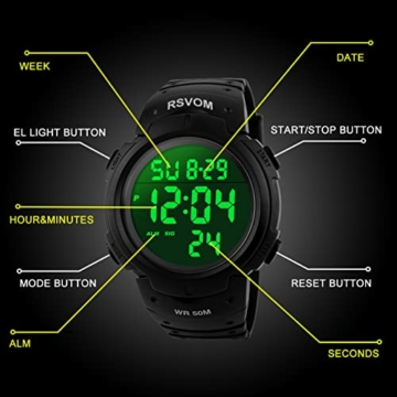 RSVOM Herren Digital Quarz Uhren mit Schwarz Silikon Armband 50M Wasserdicht Big Face Sport Armbanduhr mit Wecker Stoppuhr mit LED-Hintergrundbeleuchtung Digitaluhren für Männer - 3