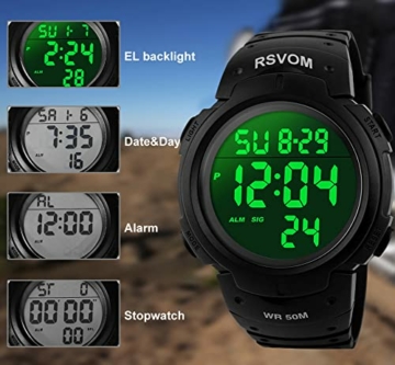 RSVOM Herren Digital Quarz Uhren mit Schwarz Silikon Armband 50M Wasserdicht Big Face Sport Armbanduhr mit Wecker Stoppuhr mit LED-Hintergrundbeleuchtung Digitaluhren für Männer - 5