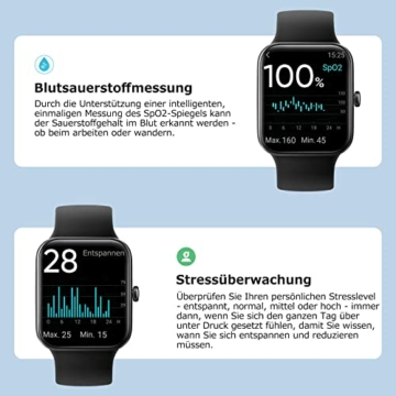 Smartwatch, Fitnesstracker mit 1,69 Zoll großer HD-Farbbildschirm, Stressmessung, Überwachung von SpO2, Herzfrequenz, Schlaf, usw. 5ATM Wasserdicht Armbanduhr für Damen Herren kompatibel iOS Android - 3