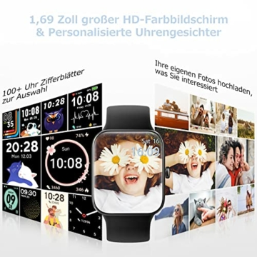 Smartwatch, Fitnesstracker mit 1,69 Zoll großer HD-Farbbildschirm, Stressmessung, Überwachung von SpO2, Herzfrequenz, Schlaf, usw. 5ATM Wasserdicht Armbanduhr für Damen Herren kompatibel iOS Android - 5