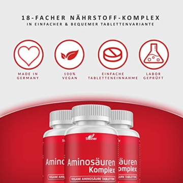 Aminosäuren-Komplex, 144 Tabletten á 1000mg (vegan), hochdosiert, Alle 18 Aminosäuren inkl. aller 8 essentiellen Aminosäuren - 5