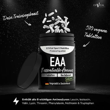 EXVital EAA Tabletten mit je 1036 mg pro Tablette - 510 Tabletten, Alle 8 essentiellen Aminosäuren EAAs- Multi Amino hochdosiert - Vegan -in Deutschland abgefüllt - Ohne Zusatzstoffe - 2