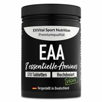 EXVital EAA Tabletten mit je 1036 mg pro Tablette - 510 Tabletten, Alle 8 essentiellen Aminosäuren EAAs- Multi Amino hochdosiert - Vegan -in Deutschland abgefüllt - Ohne Zusatzstoffe - 1